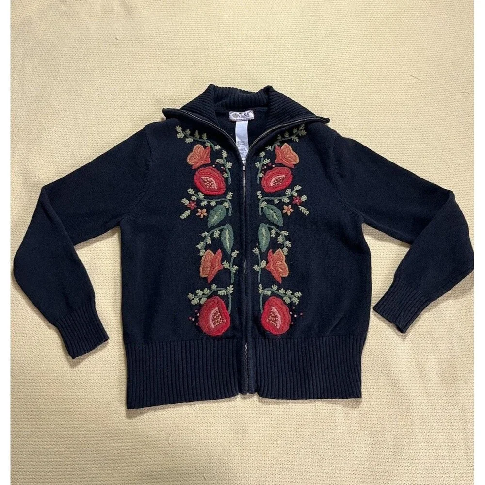 Vintage Tiara International Zip Cardigan Medium Embroidered Granny Cottage Ramie
